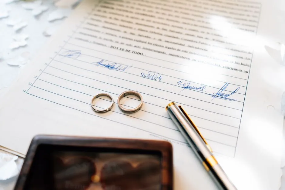 Wedding rings resting on a signed marriage certificate