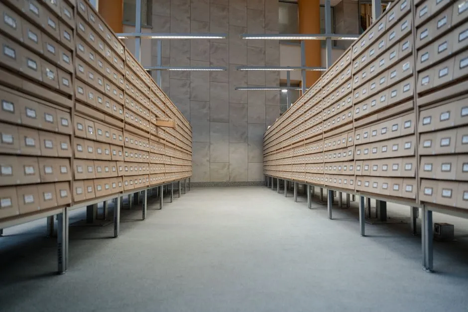Rows of archival storage cabinets used for organizing paper records